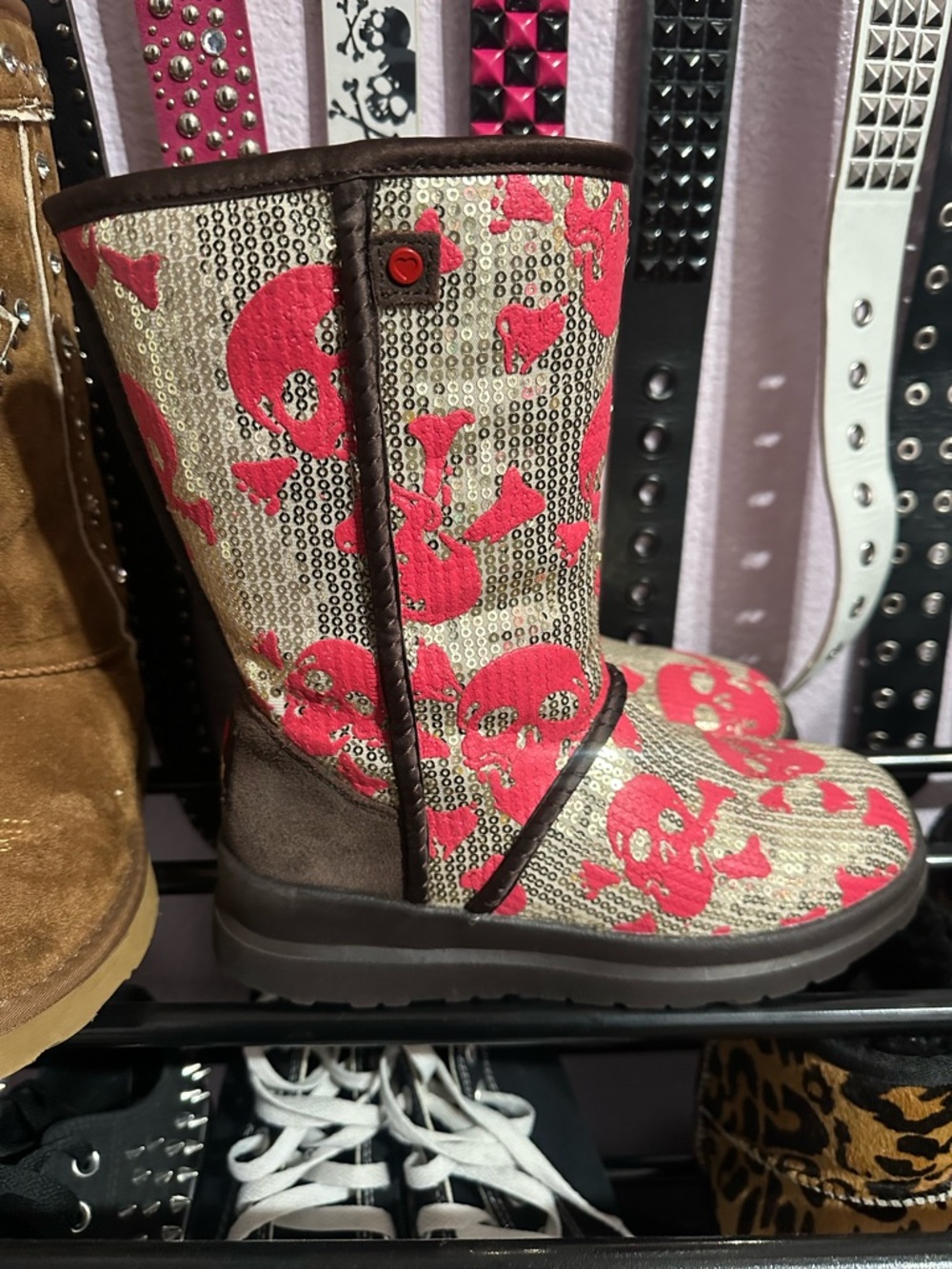 UGG Sequin Beige Boots with Pink Skull Motif